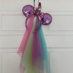 2 Disney Sequin unicorn Mickey Mouse Ears with Colourful Tulle Veil